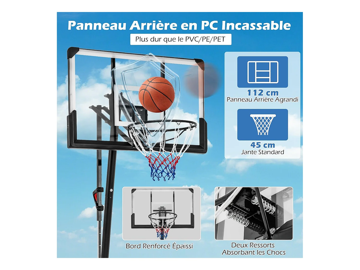 Panier de Basketball sur Pieds avec Hauteur Réglable 150-305 CM, Support de Basket à roulettes avec Panneau Arrière Incassable de 112 cm Plaque de Rebond