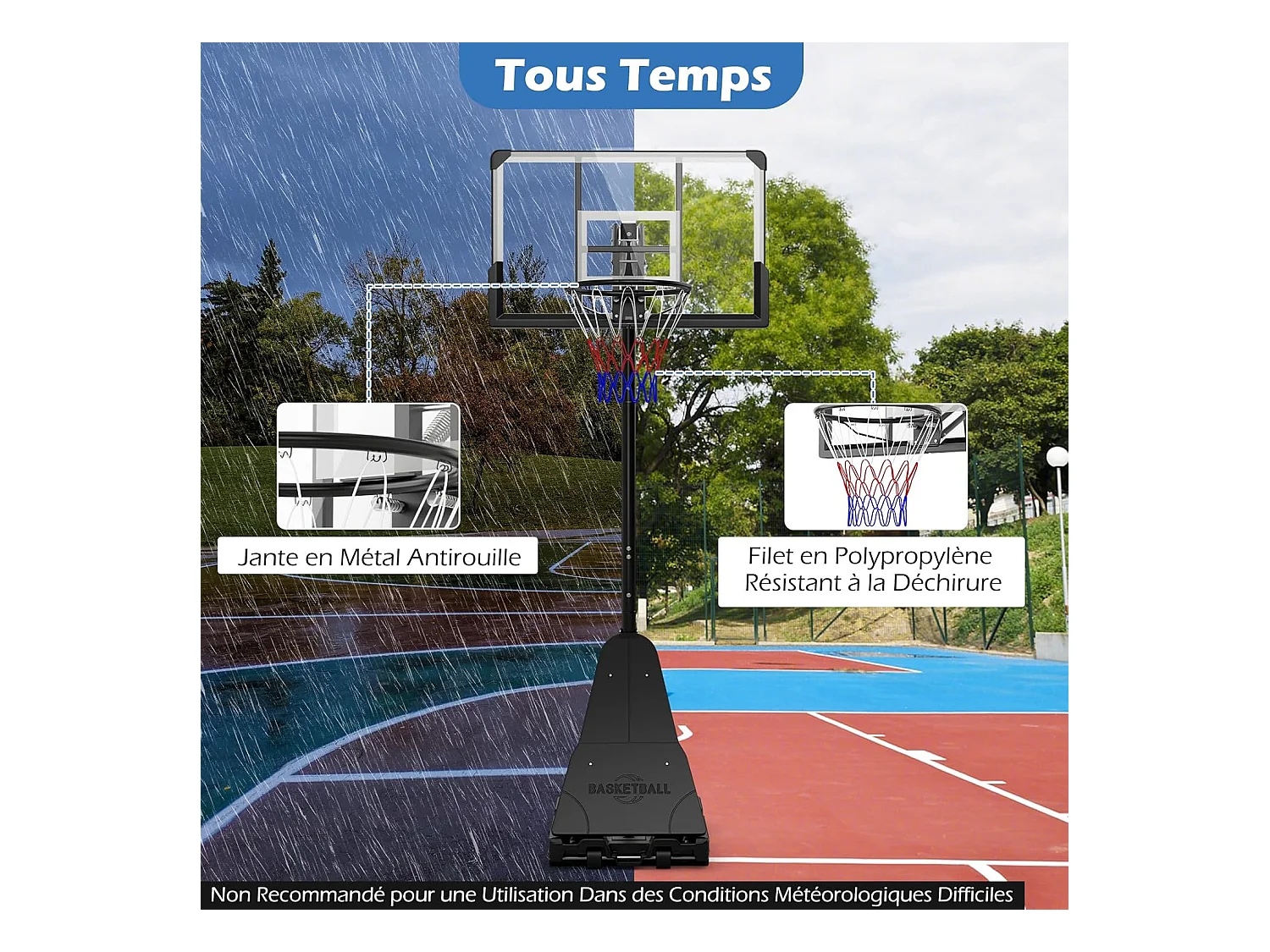 Panier de Basketball sur Pieds avec Hauteur Réglable 150-305 CM, Support de Basket à roulettes avec Panneau Arrière Incassable de 112 cm Plaque de Rebond