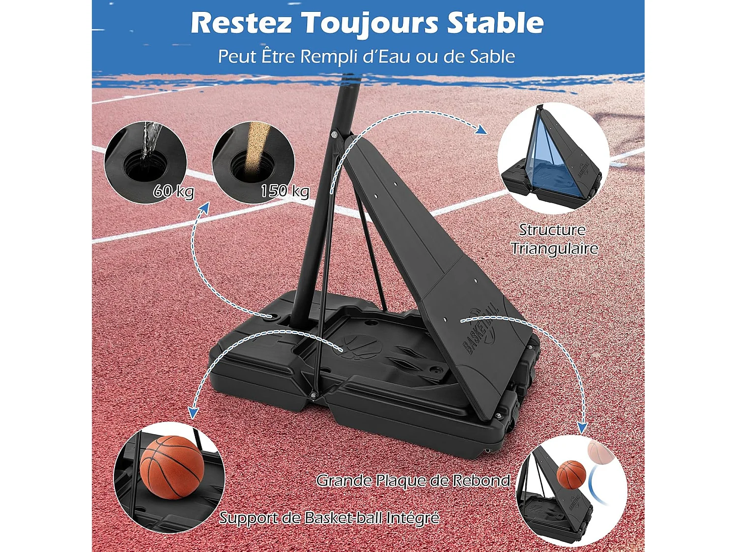 Panier de Basketball sur Pieds avec Hauteur Réglable 150-305 CM, Support de Basket à roulettes avec Panneau Arrière Incassable de 112 cm Plaque de Rebond
