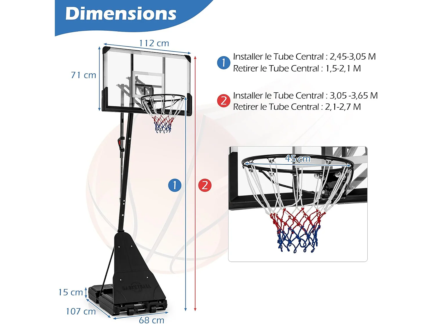 Panier de Basketball sur Pieds avec Hauteur Réglable 150-305 CM, Support de Basket à roulettes avec Panneau Arrière Incassable de 112 cm Plaque de Rebond