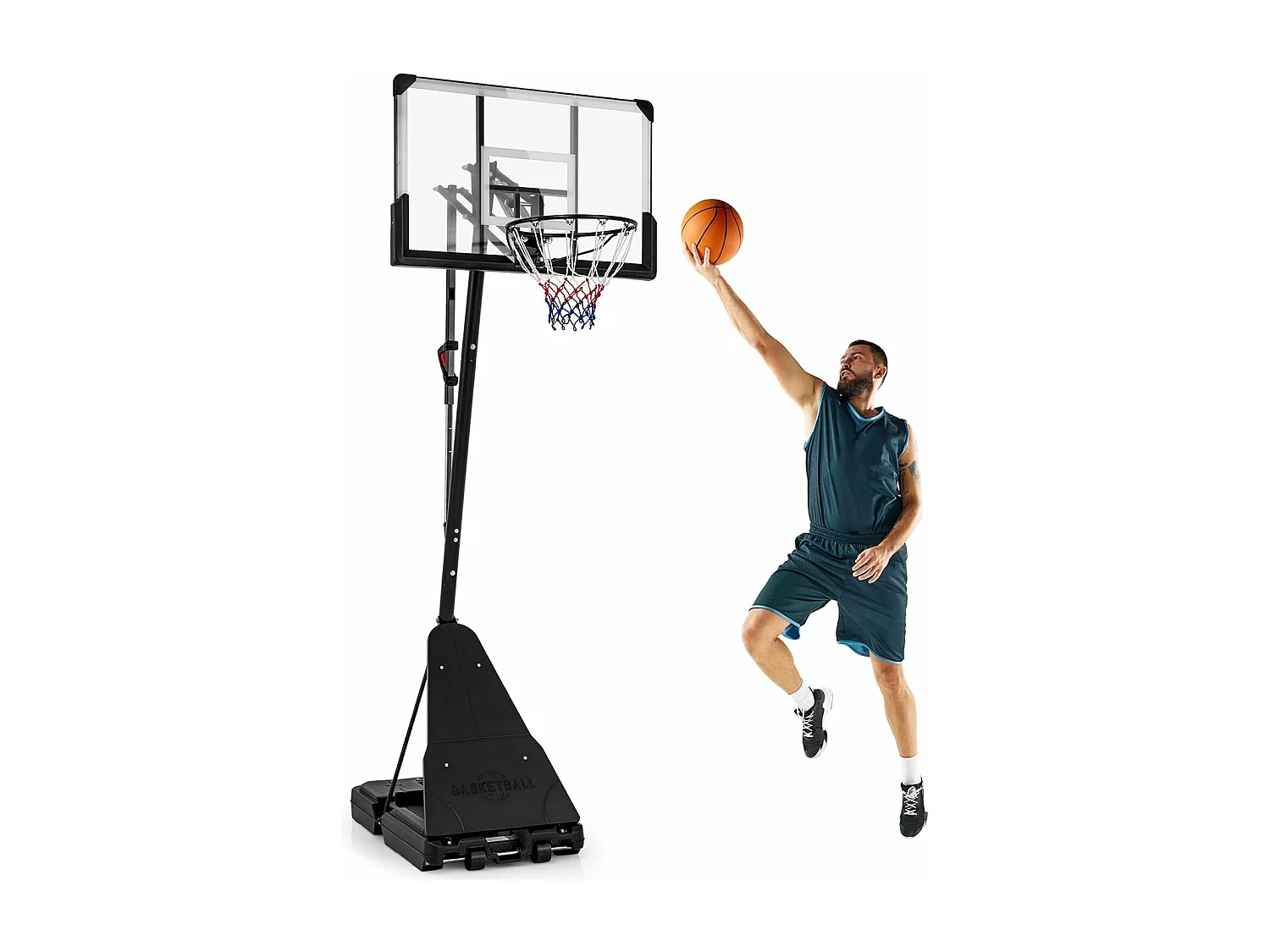 Basketbalring met verstelbare hoogte 150-305 cm, rollende basketbalstandaard met 112 cm onbreekbaar backboard en reboundplaat
