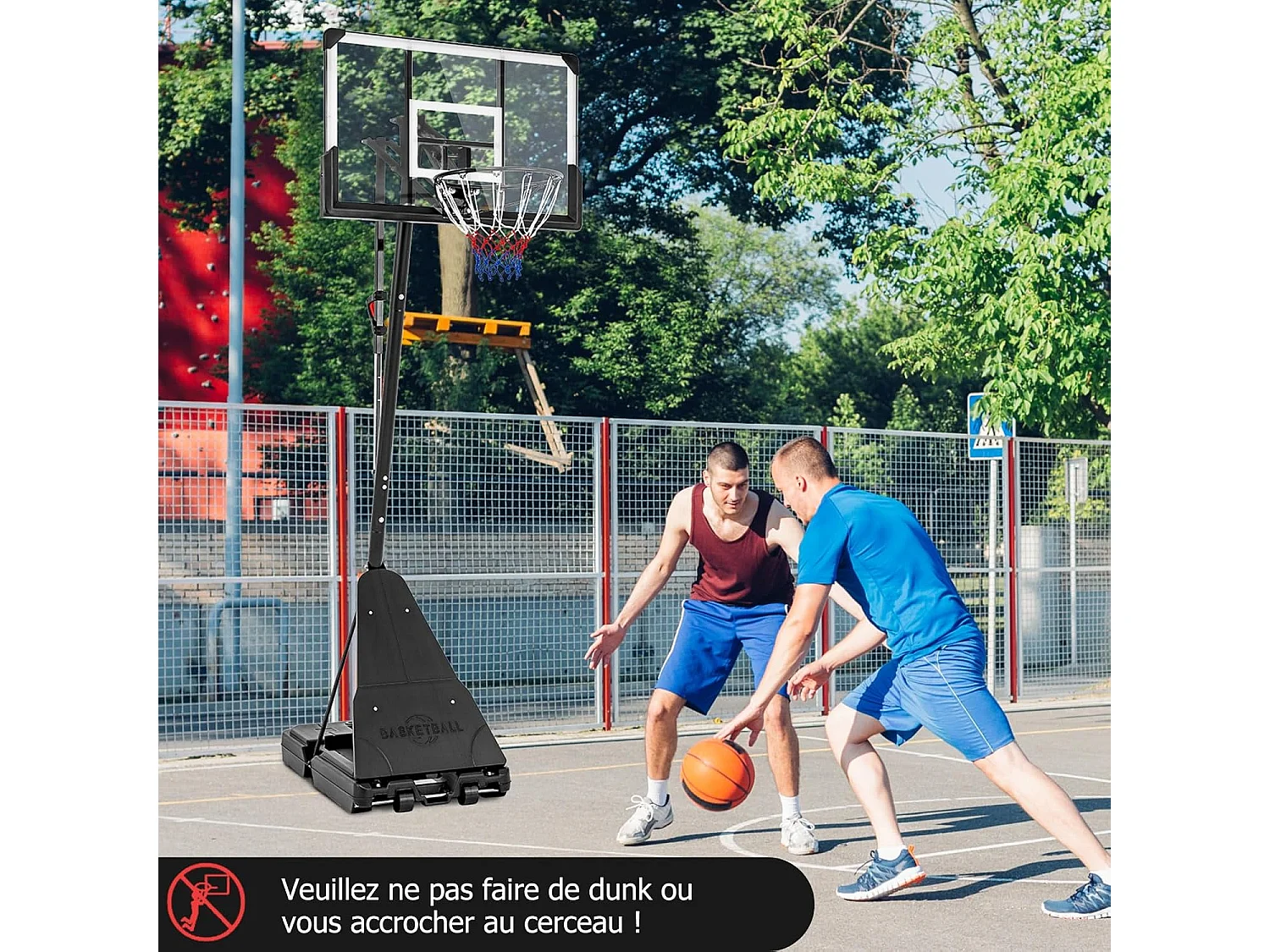 Basketbalring met verstelbare hoogte 150-305 cm, rollende basketbalstandaard met 112 cm onbreekbaar backboard en reboundplaat
