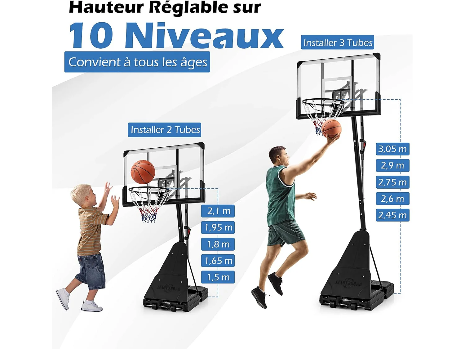 Basketbalring met verstelbare hoogte 150-305 cm, rollende basketbalstandaard met 112 cm onbreekbaar backboard en reboundplaat