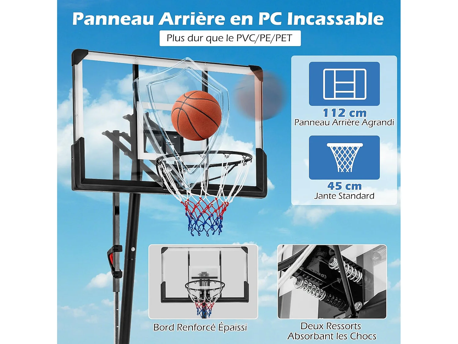 Basketbalring met verstelbare hoogte 150-305 cm, rollende basketbalstandaard met 112 cm onbreekbaar backboard en reboundplaat