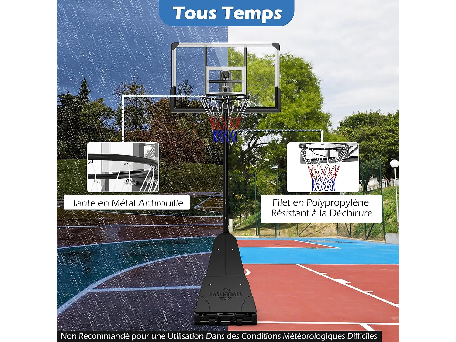 Basketbalring met verstelbare hoogte 150-305 cm, rollende basketbalstandaard met 112 cm onbreekbaar backboard en reboundplaat