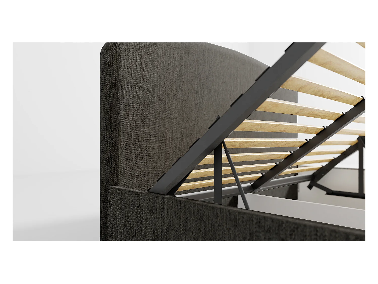 Cama tapizada Montana 190x212x90 cm, superficie 180x200 cm, arcón, elevador a gas, tela Monolith castaño