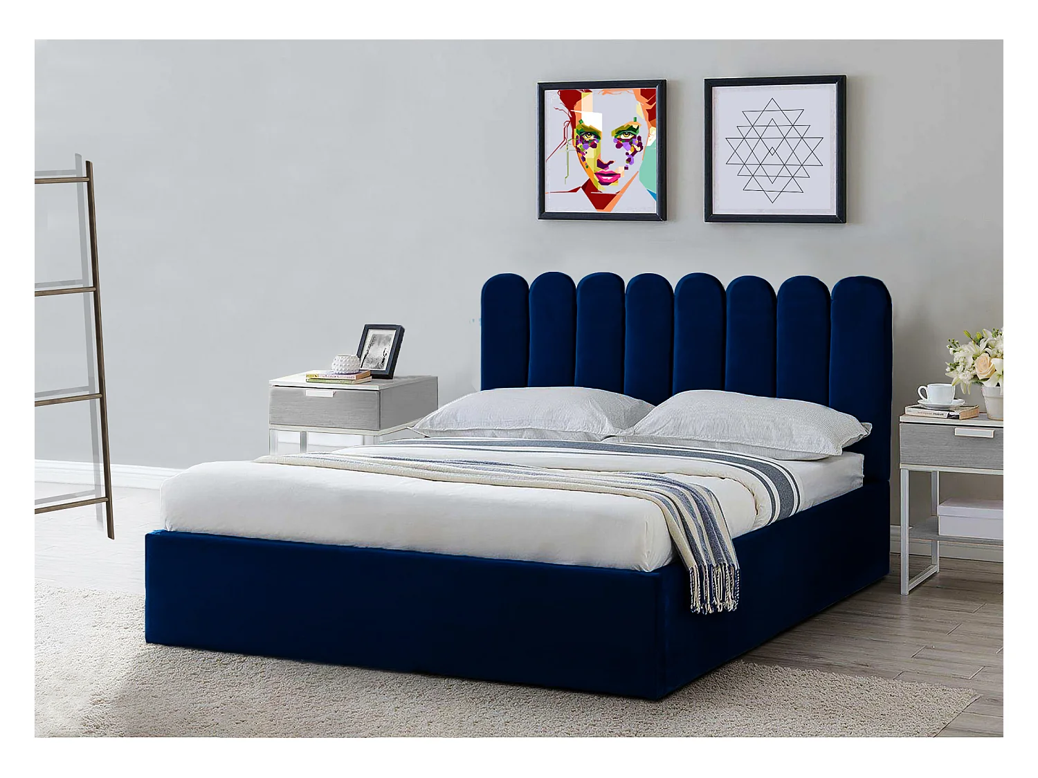 Lit rembourré Venezia 210x212x90 cm, couchage 200x200 cm, coffre, vérin à gaz, tissu Monolith frêne