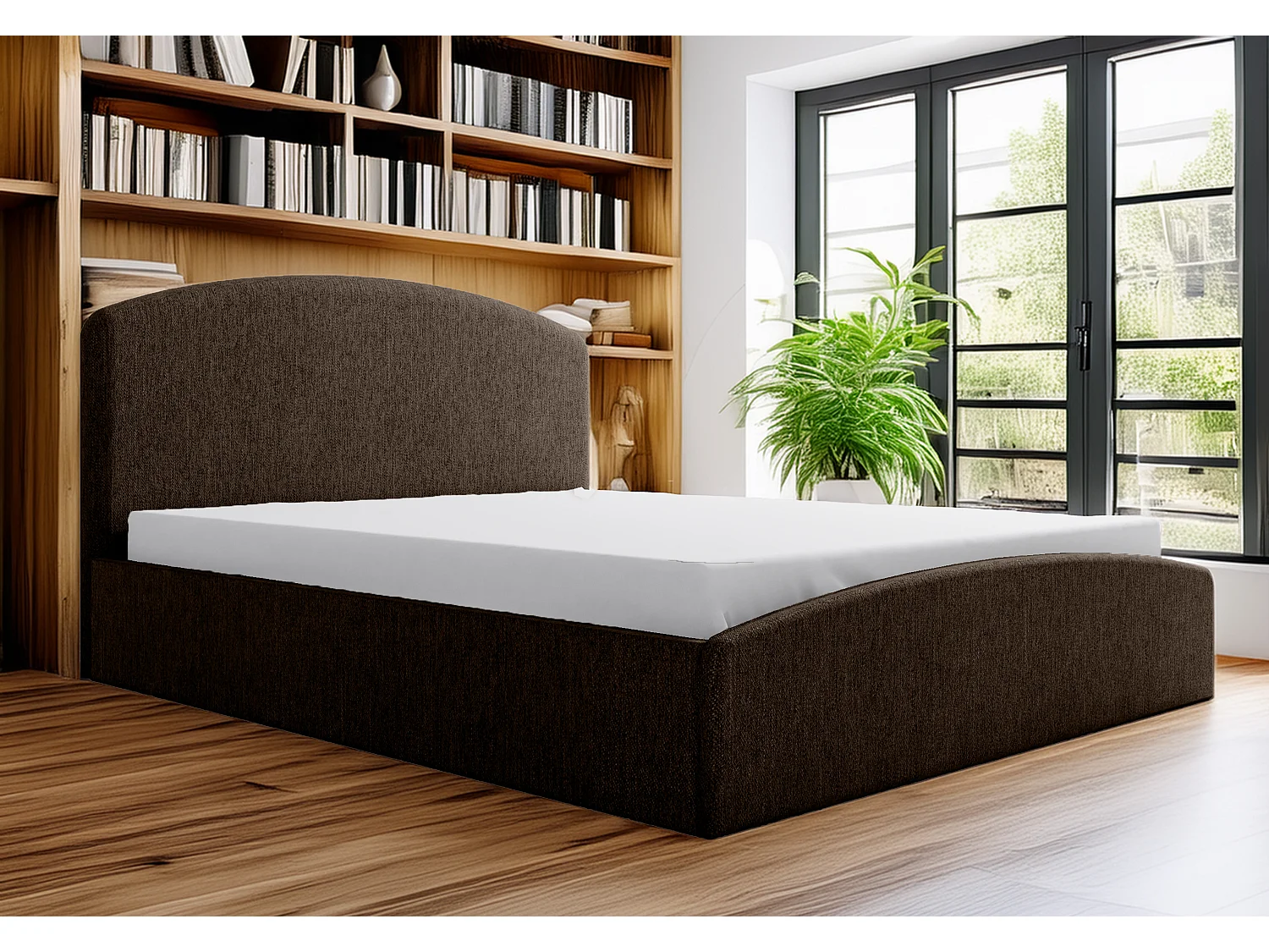 Lit rembourré Montana 210x212x90 cm, couchage 200x200 cm, coffre, vérin à gaz, tissu Monolith brun