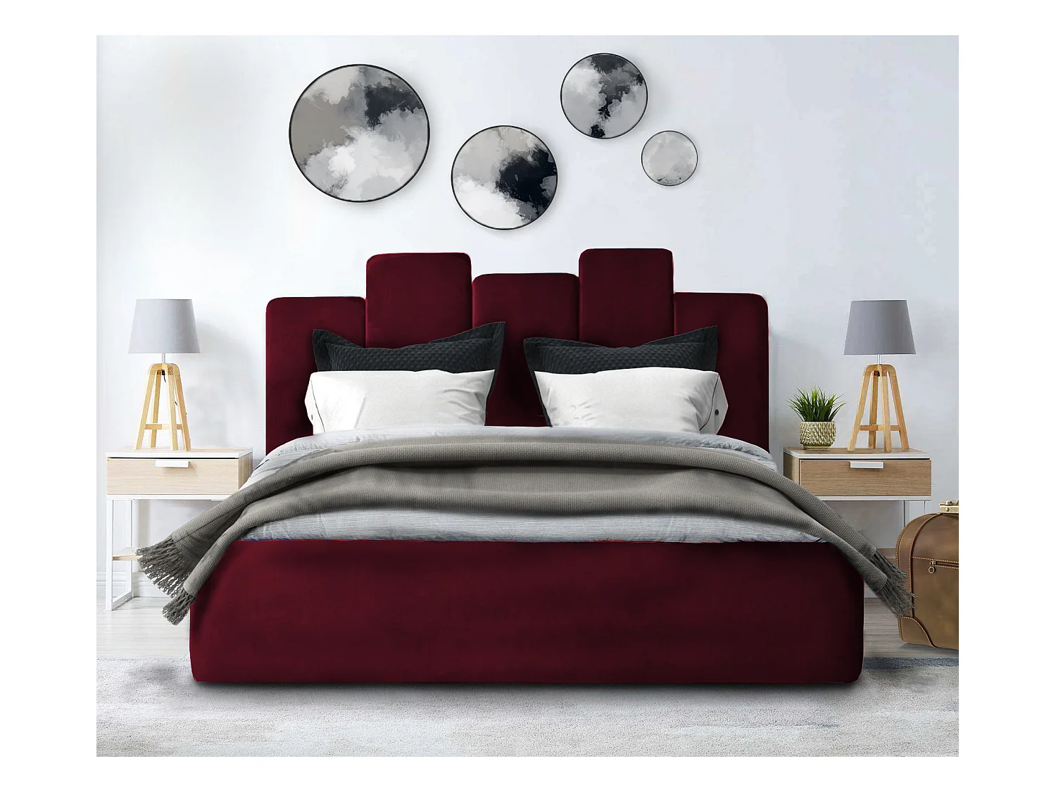 Lit rembourré Orion 150x212x90 cm, couchage 140x200 cm, coffre, vérin à gaz, tissu Monolith châtaigne