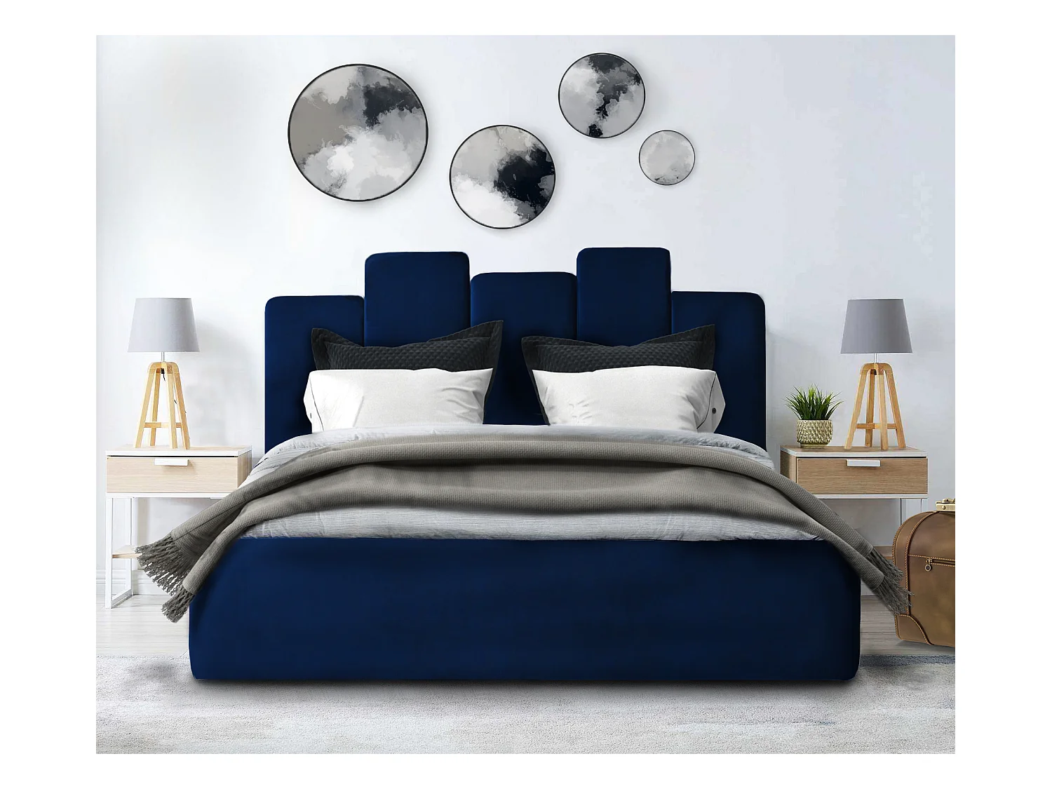 Lit rembourré Orion 150x212x90 cm, couchage 140x200 cm, coffre, vérin à gaz, tissu Monolith bleu marine