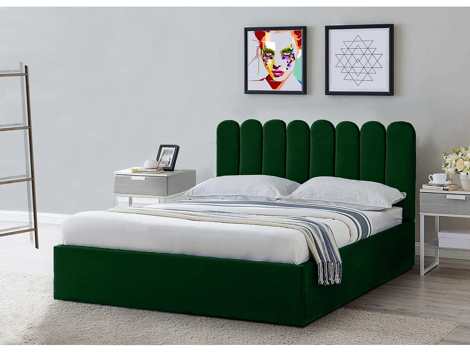 Letto imbottito Venezia 170x212x90 cm, piano 160x200 cm, contenitore, pistoni a gas, tessuto Monolith verde