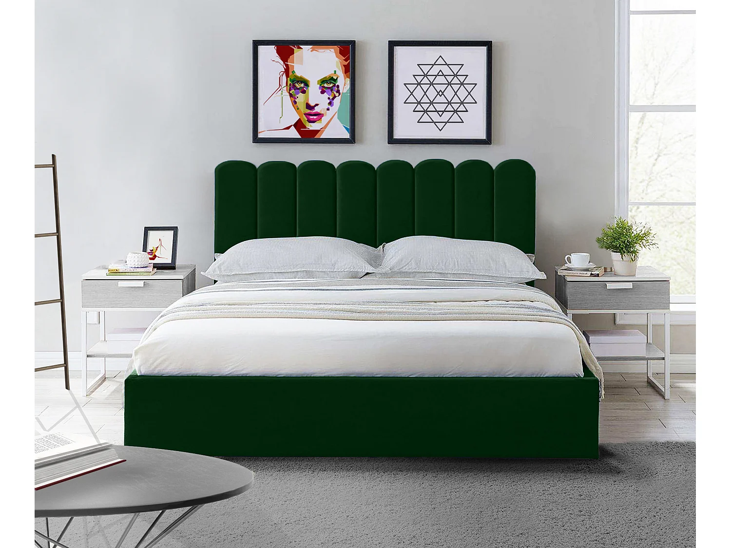 Letto imbottito Venezia 170x212x90 cm, piano 160x200 cm, contenitore, pistoni a gas, tessuto Monolith verde