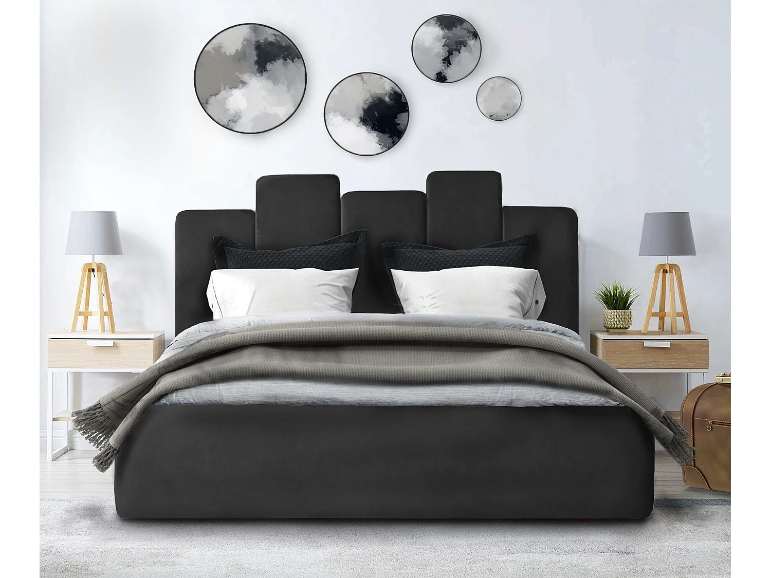 Lit rembourré Orion 170x212x90 cm, couchage 160x200 cm, coffre, vérin à gaz, tissu Monolith gris