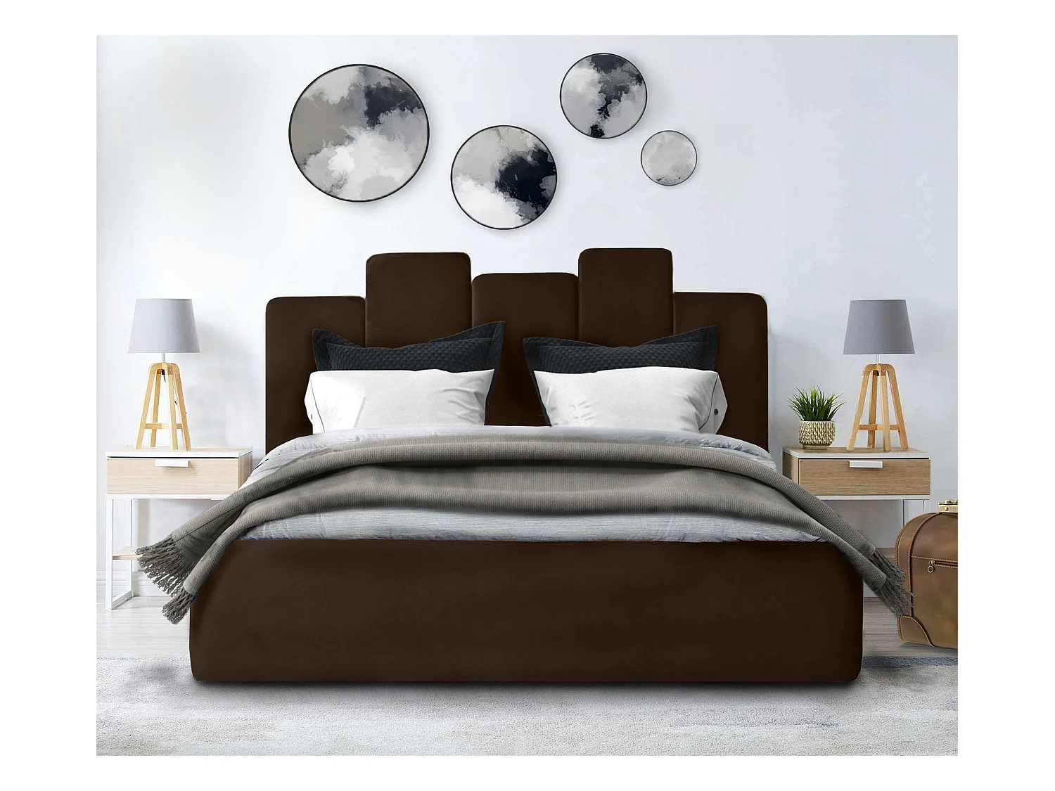 Lit rembourré Orion 150x212x90 cm, couchage 140x200 cm, coffre, vérin à gaz, tissu Monolith brun