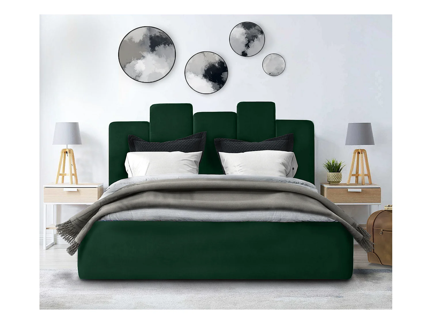 Lit rembourré Orion 150x212x90 cm, couchage 140x200 cm, coffre, vérin à gaz, tissu Monolith vert