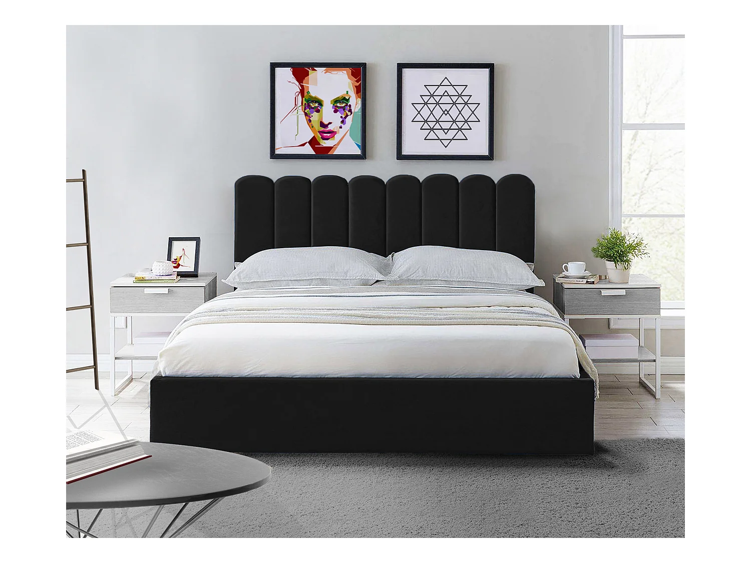 Lit rembourré Venezia 130x212x90 cm, couchage 120x200 cm, coffre, vérin à gaz, tissu Monolith gris