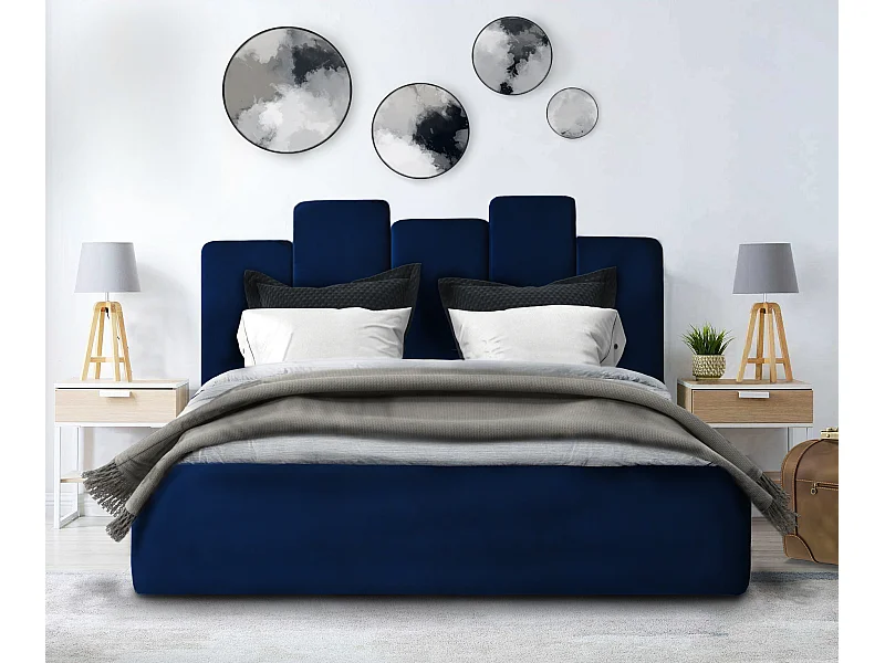 Lit rembourré Orion 210x212x90 cm, couchage 200x200 cm, coffre, vérin à gaz, tissu Monolith bleu marine