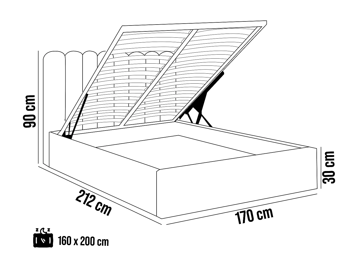 Gestoffeerd bed Venezia 170x212x90 cm Slaapvlak 160x200 cm, opbergruimte, gaslift, stof Monolith essenhout