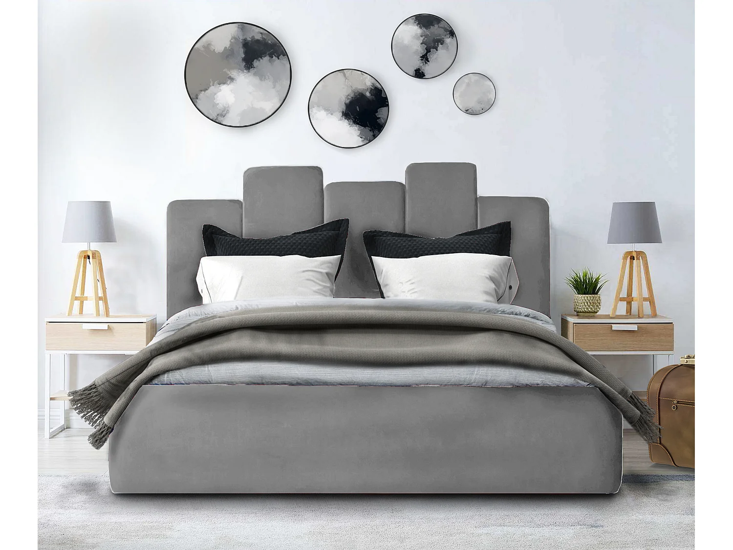 Lit rembourré Orion 170x212x90 cm, couchage 160x200 cm, coffre, vérin à gaz, tissu Monolith frêne