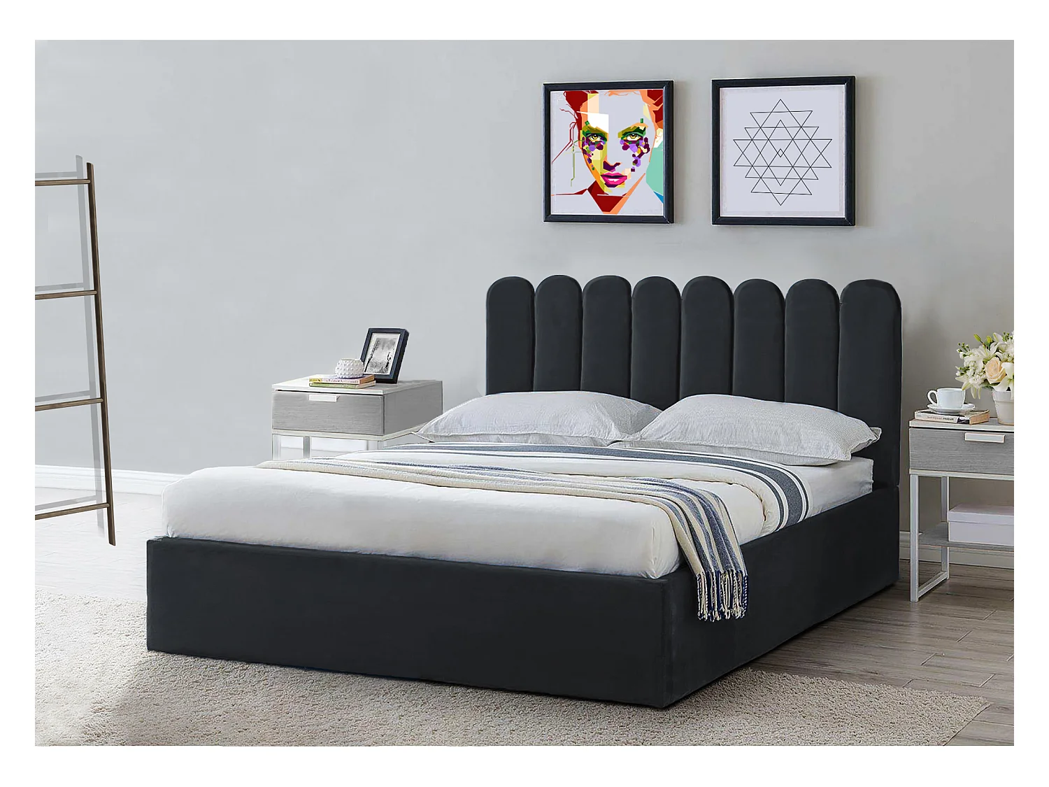 Lit rembourré Venezia 130x212x90 cm, couchage 120x200 cm, coffre, vérin à gaz, tissu Monolith bleu marine