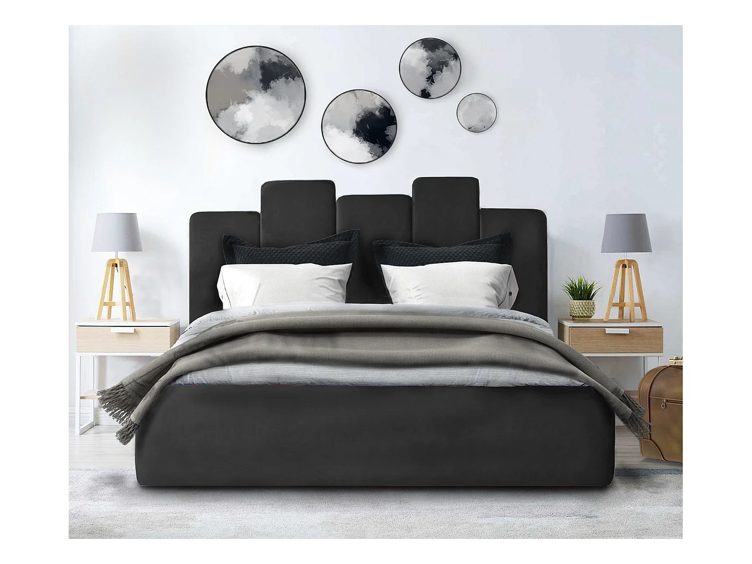 Lit rembourré Orion 190x212x90 cm, couchage 180x200 cm, coffre, vérin à gaz, tissu Monolith gris