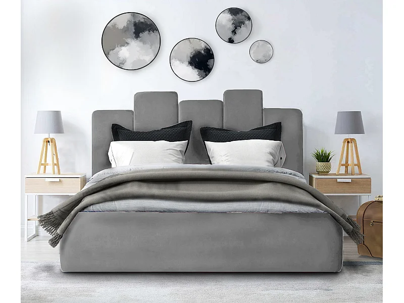 Cama estofada Orion 150x212x90 cm, área 140x200 cm, com baú, elevador a gás, tecido Monolith freixo