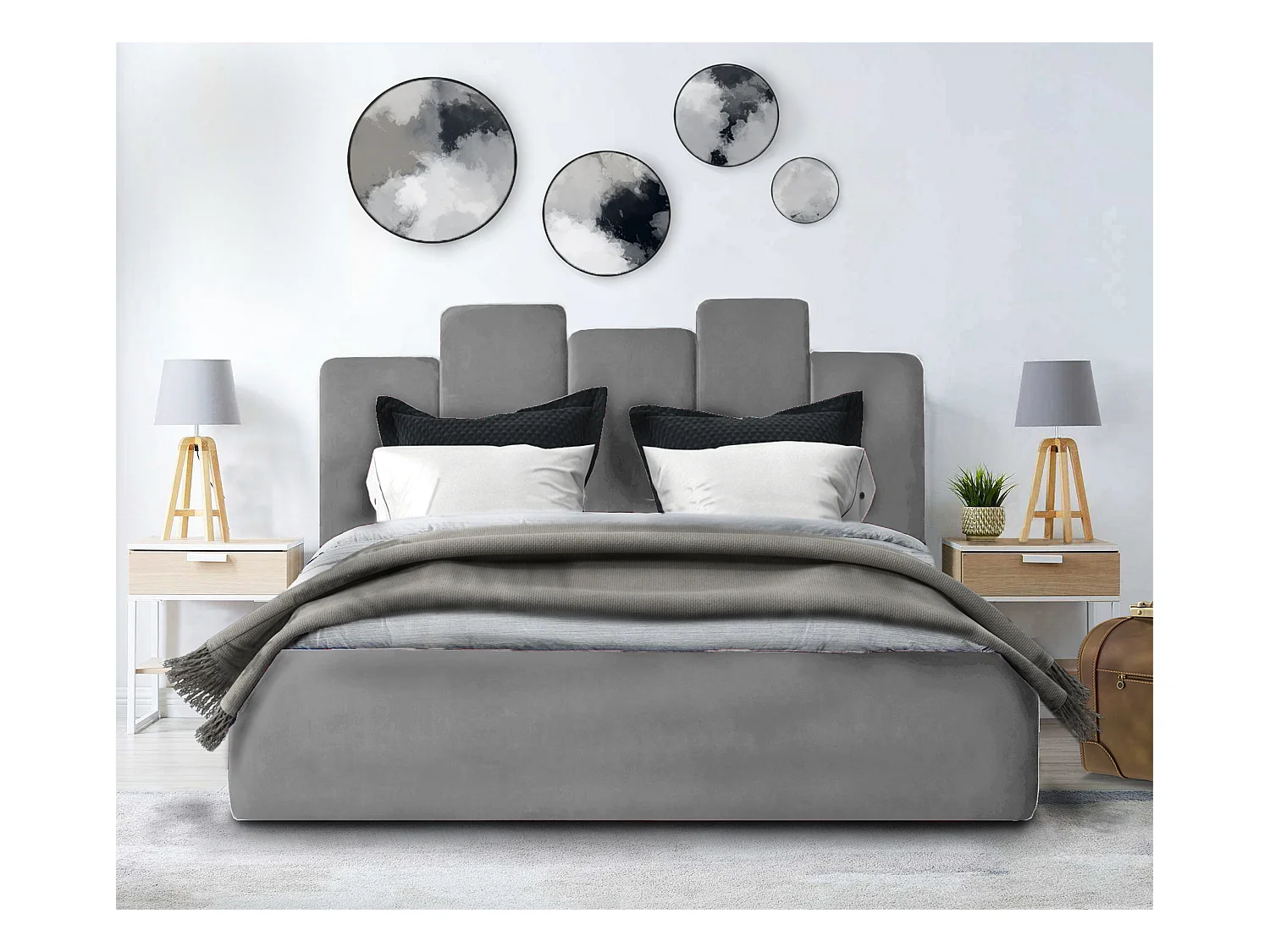 Lit rembourré Orion 150x212x90 cm, couchage 140x200 cm, coffre, vérin à gaz, tissu Monolith frêne