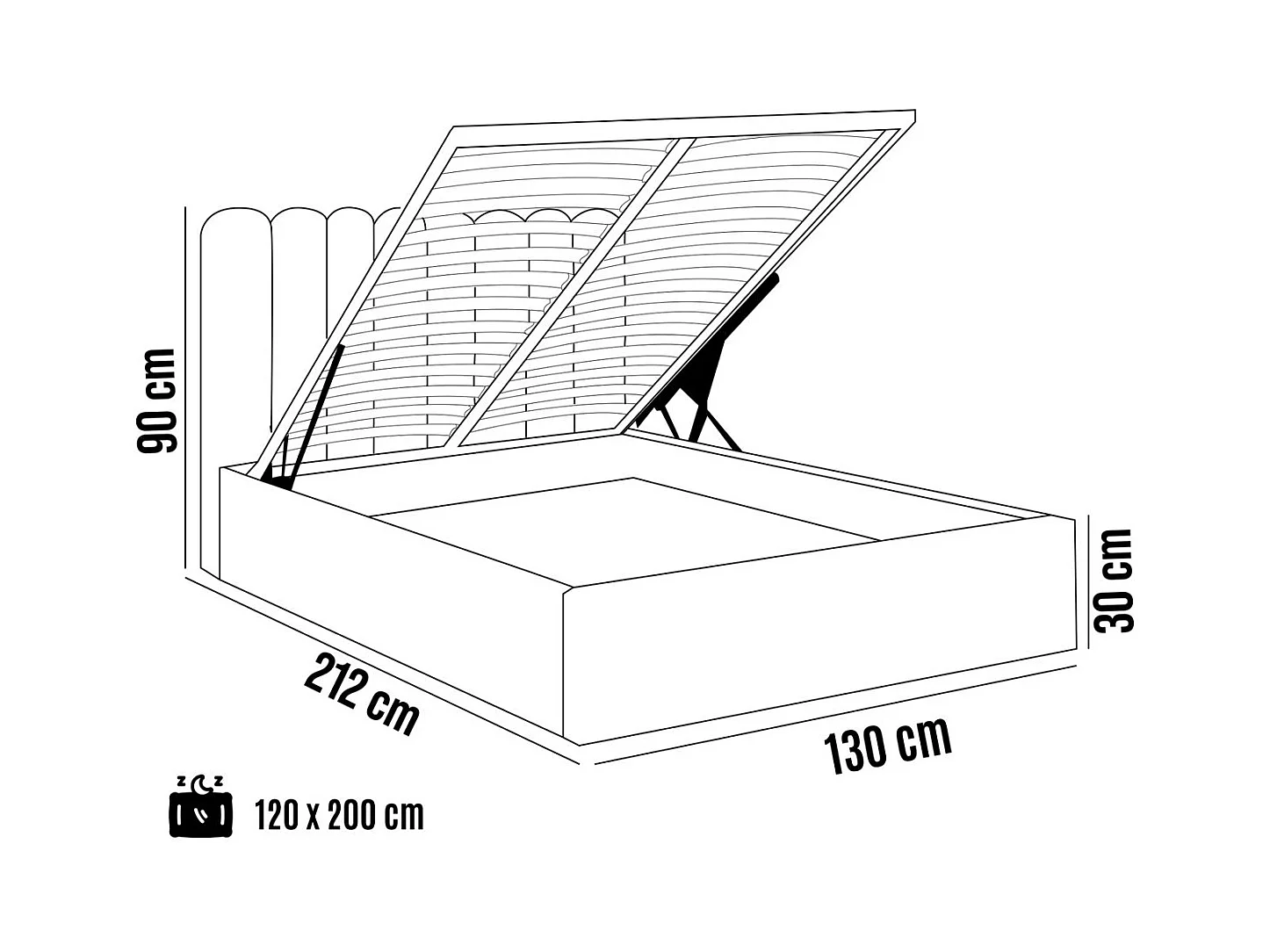 Lit rembourré Orion 130x212x90 cm, couchage 120x200 cm, coffre, vérin à gaz, tissu Monolith châtaigne