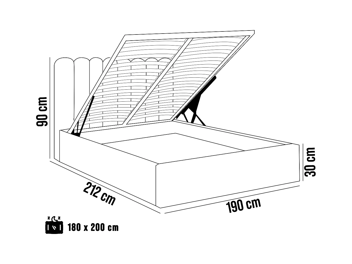 Gestoffeerd bed Orion 190x212x90 cm Slaapvlak 180x200 cm, opbergruimte, gaslift, stof Monolith kastanjebruin