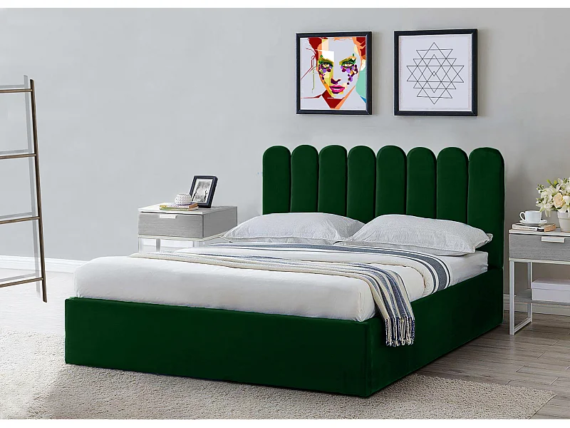 Lit rembourré Venezia 130x212x90 cm, couchage 120x200 cm, coffre, vérin à gaz, tissu Monolith vert