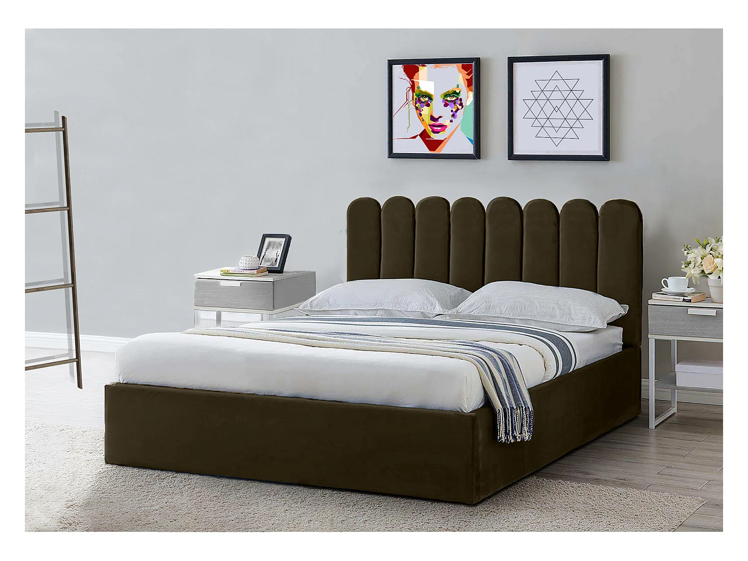 Lit rembourré Venezia 210x212x90 cm, couchage 200x200 cm, coffre, vérin à gaz, tissu Monolith brun