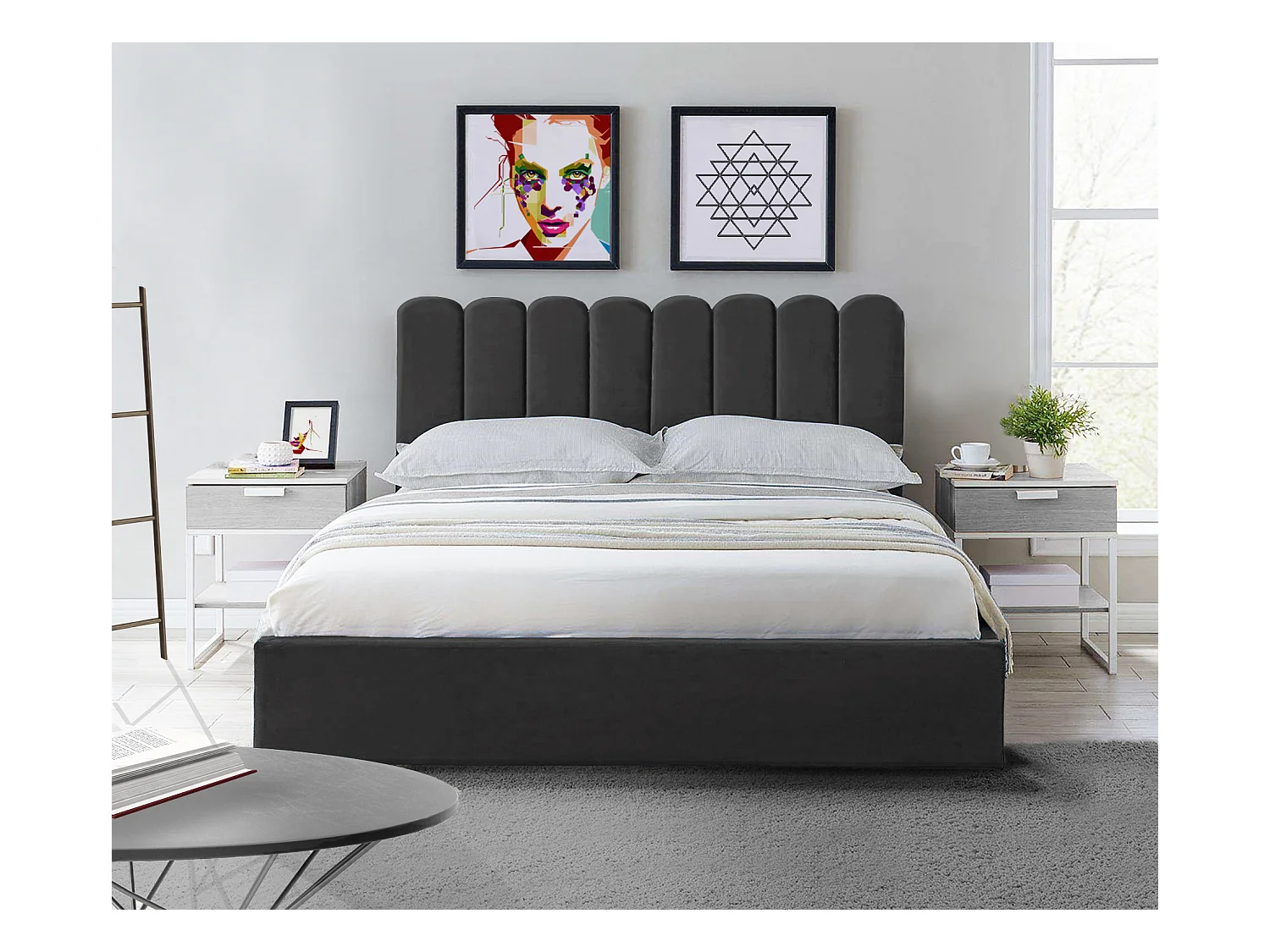 Lit rembourré Venezia 150x212x90 cm, couchage 140x200 cm, coffre, vérin à gaz, tissu Monolith bleu marine