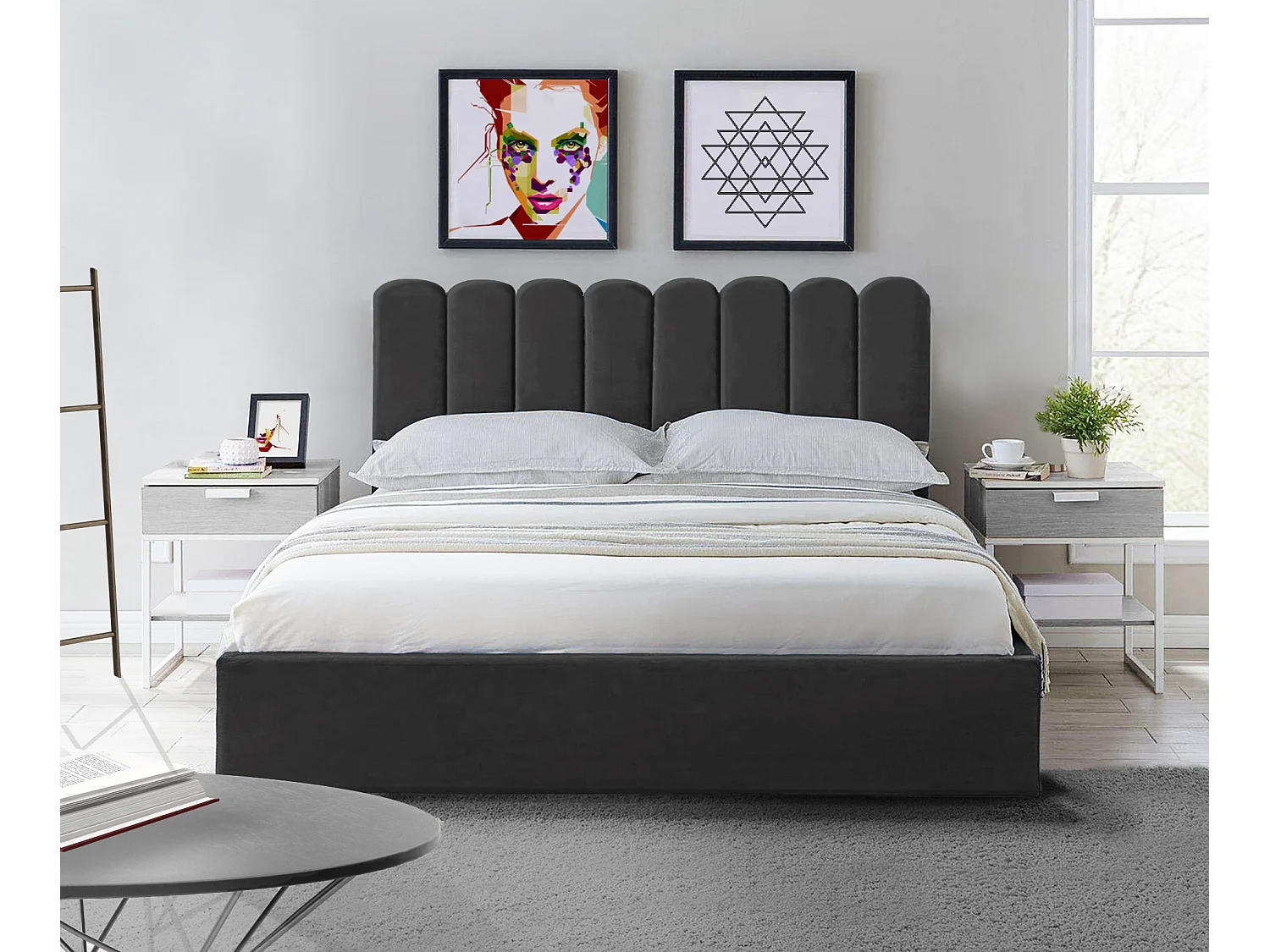 Lit rembourré Venezia 150x212x90 cm, couchage 140x200 cm, coffre, vérin à gaz, tissu Monolith bleu marine