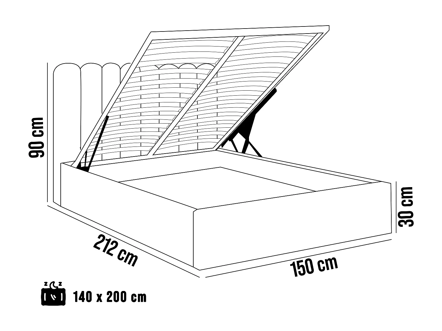 Lit rembourré Orion 150x212x90 cm, couchage 140x200 cm, coffre, vérin à gaz, tissu Monolith graphite