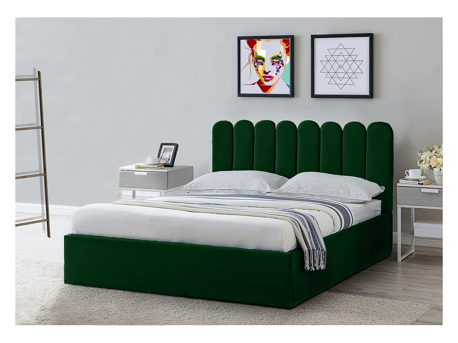 Lit rembourré Venezia 150x212x90 cm, couchage 140x200 cm, coffre, vérin à gaz, tissu Monolith vert