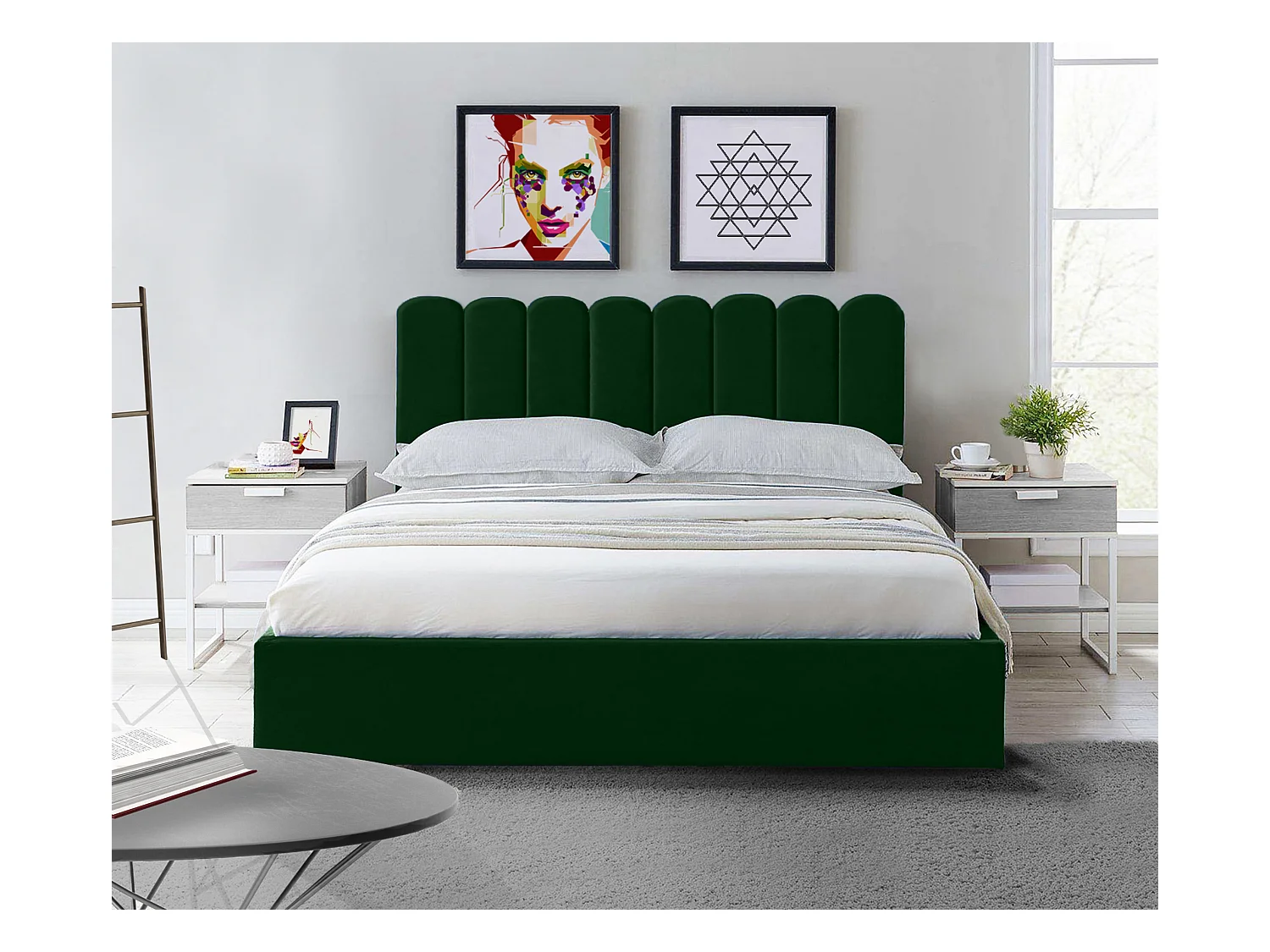 Lit rembourré Venezia 150x212x90 cm, couchage 140x200 cm, coffre, vérin à gaz, tissu Monolith vert