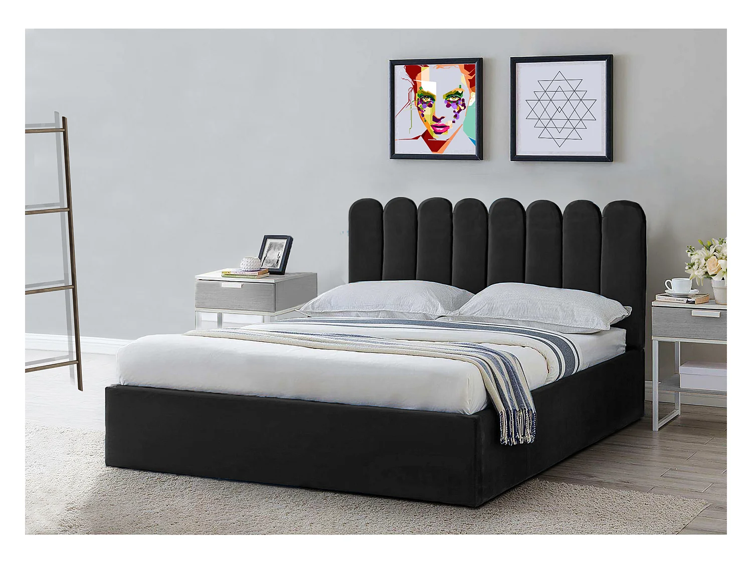 Lit rembourré Venezia 210x212x90 cm, couchage 200x200 cm, coffre, vérin à gaz, tissu Monolith gris