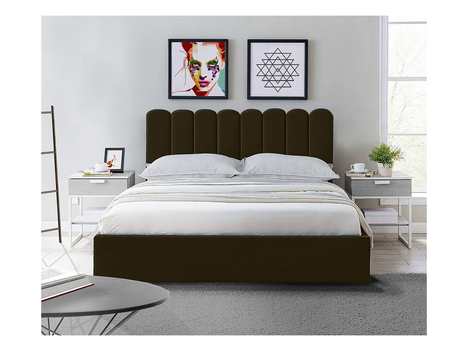 Lit rembourré Venezia 170x212x90 cm, couchage 160x200 cm, coffre, vérin à gaz, tissu Monolith brun