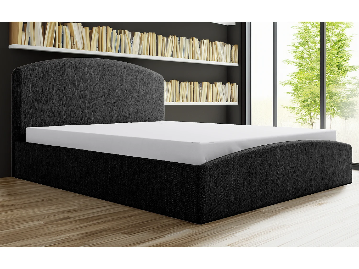 Cama tapizada Montana 150x212x90 cm, superficie 140x200 cm, arcón, elevador a gas, tela Monolith grafito