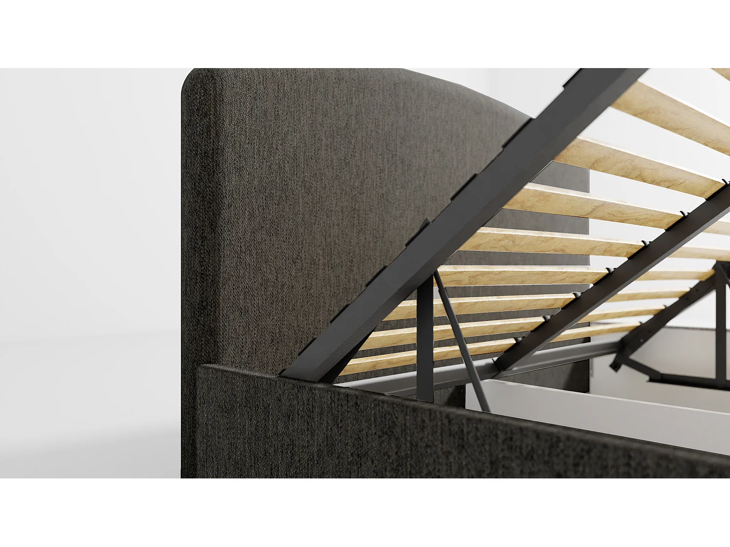 Cama tapizada Montana 150x212x90 cm, superficie 140x200 cm, arcón, elevador a gas, tela Monolith grafito