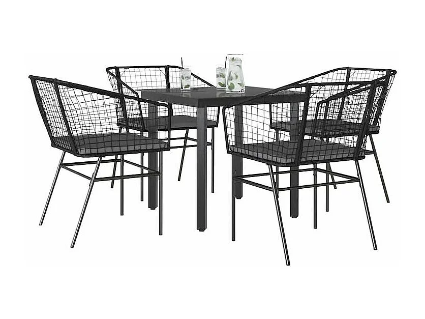 Ensemble à manger de jardin et coussins 5 pcs noir rotin verre