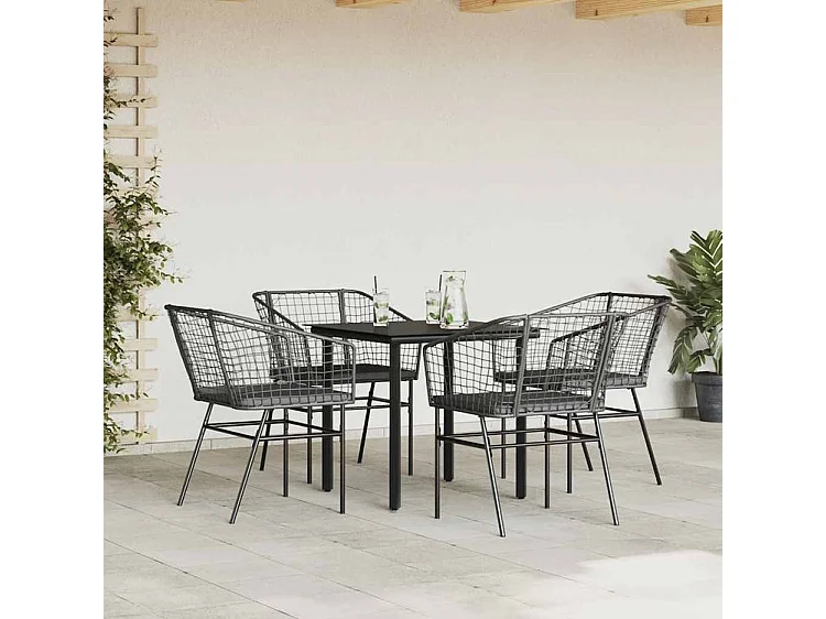 Ensemble à manger de jardin et coussins 5 pcs noir rotin verre