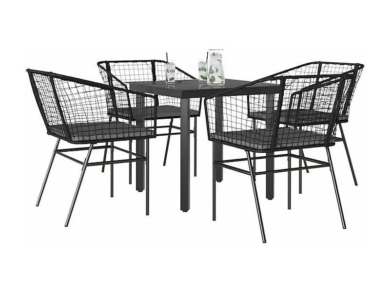 Ensemble à manger de jardin et coussins 5 pcs noir rotin verre