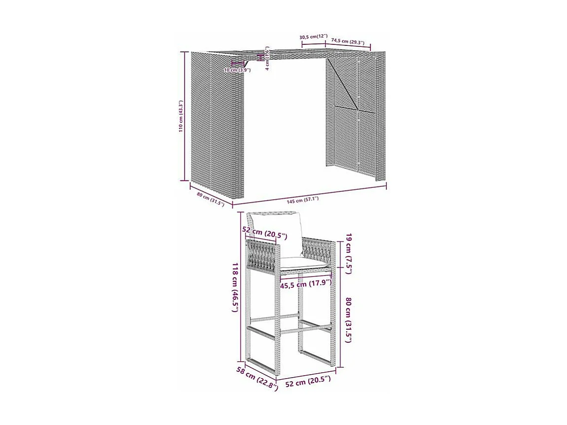 Ensemble de bar de jardin 5 pcs avec coussins gris poly rotin
