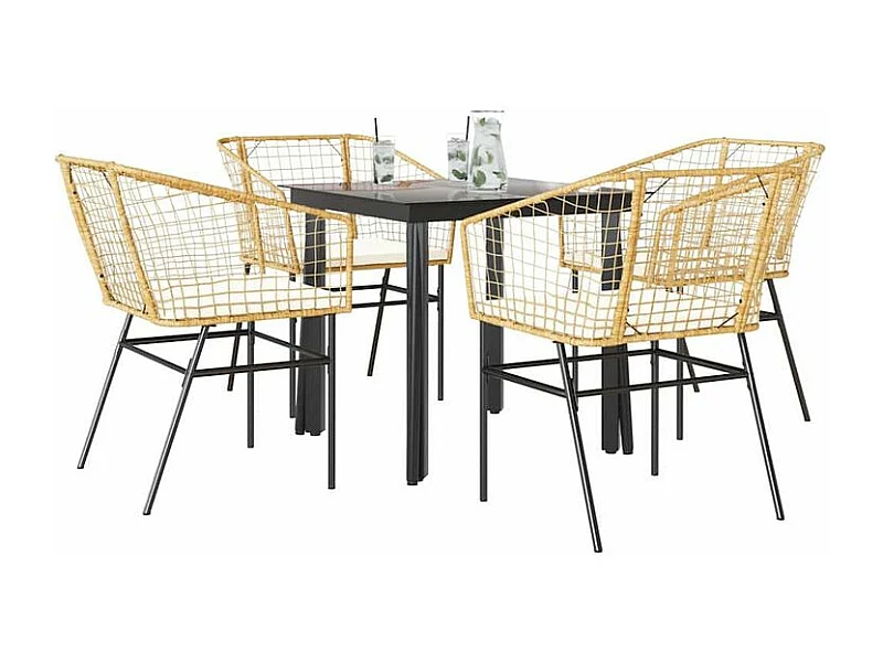 Ensemble à manger jardin coussins 5pcs marron poly rotin verre