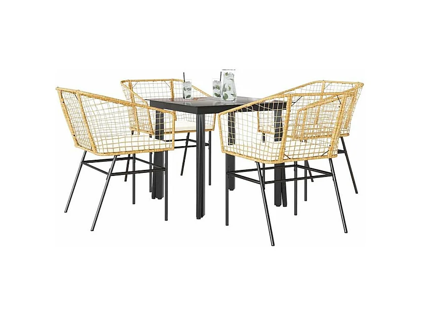 Ensemble à manger jardin coussins 5pcs marron poly rotin verre