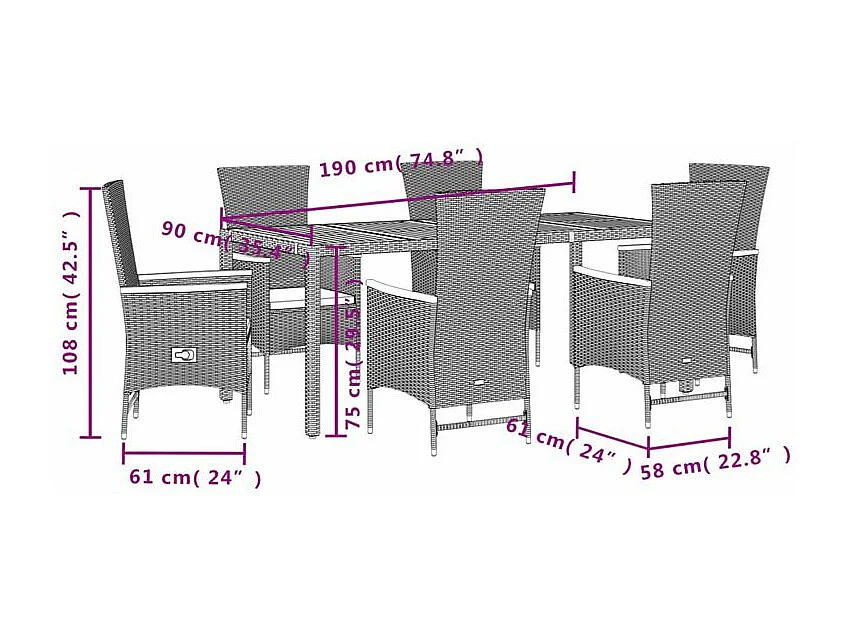 Ensemble à manger de jardin coussins 7pcs Noir Résine tressée