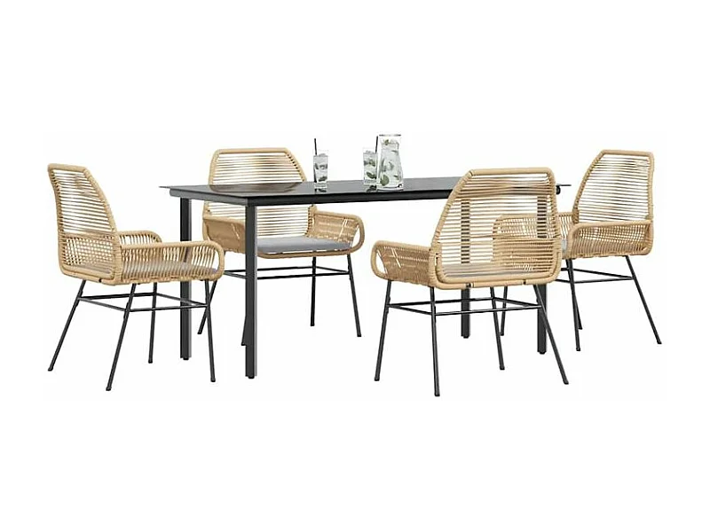 Ensemble à manger jardin coussins 5pcs marron poly rotin verre