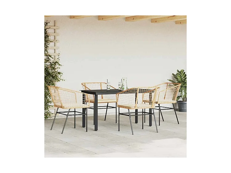 Ensemble à manger jardin coussins 5pcs marron poly rotin verre