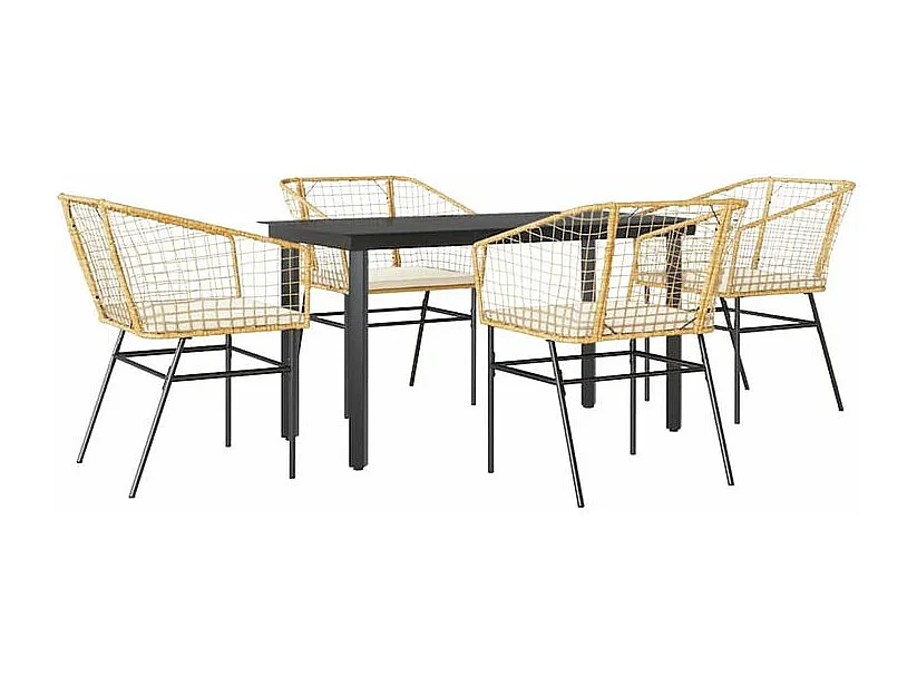 Ensemble à manger jardin coussins 5pcs marron poly rotin verre